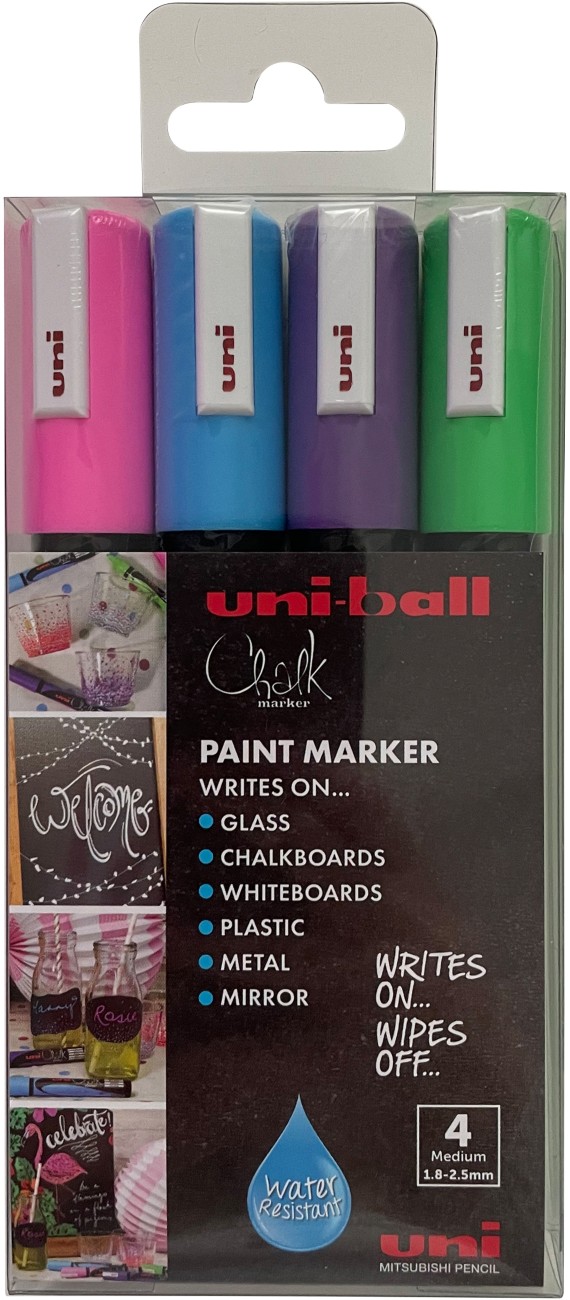 Uni-Ball Pwe-5M Party Chalk Marker Assorted Medium Bullet 2.5 Mm Pack Of 4