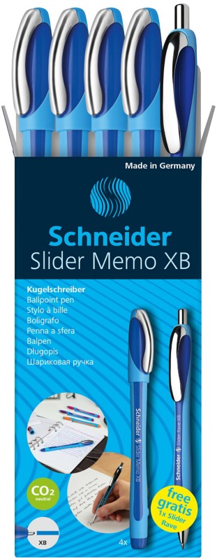 Thumbnail - Schneider Slider Memo Kugelschreiber Blau Extra Breit 0.7 mm Nachfüllbar 4 Stück + 1 Slider Rave Gratis