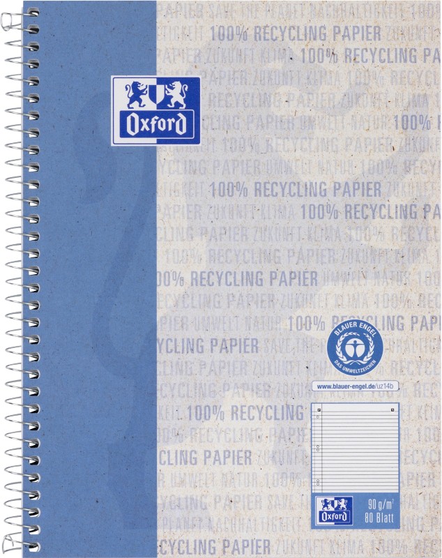 OXFORD Collegeblock DIN A5+ Liniert Spiralbindung Kunststoffbeschichteter Karton Blau Perforiert Recycled 160 Seiten