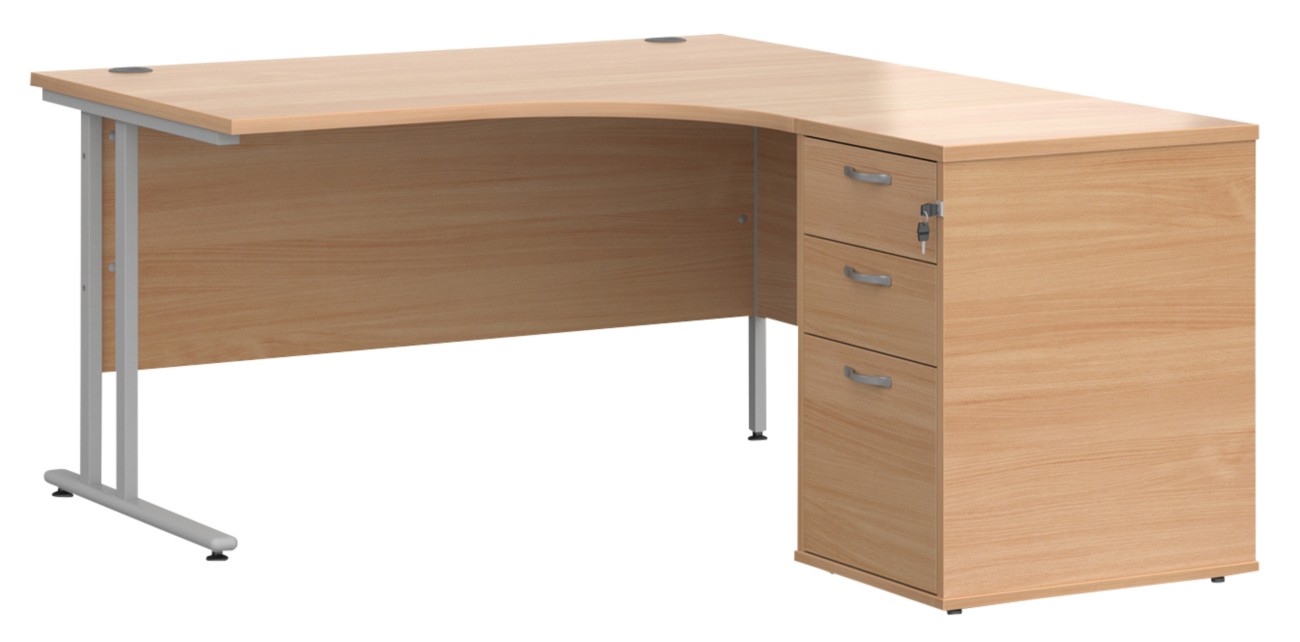 Dams International Maestro 25 Right Hand Corner Desk Beech Cantilever 3 Drawers 1 Pedestal 1,400 (W) X 1,626 (D) X 725 (H) Mm Wood
