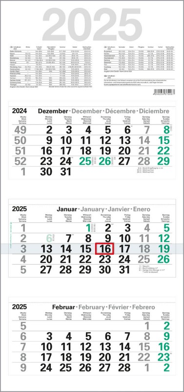 Kalender M3GL 2025 Papier Weiß Deutsch, Englisch, Französisch, Spanisch