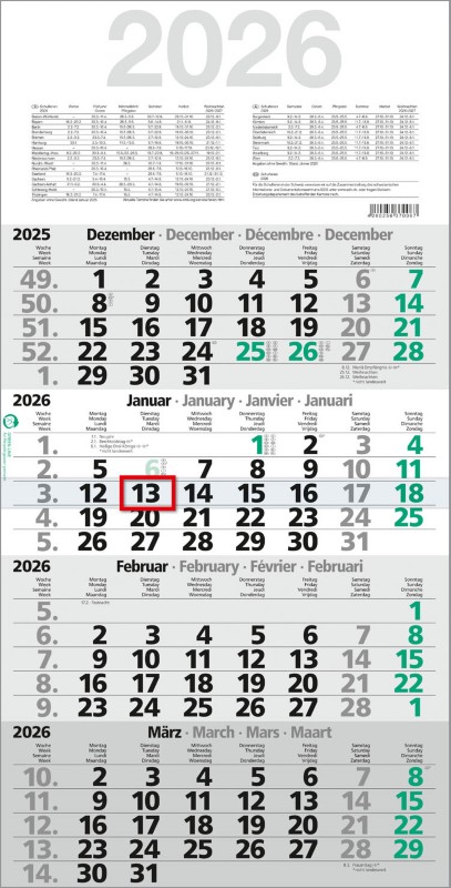 Kalender M4MFGL 2026 Papier Weiß Deutsch, Englisch, Französisch, Niederländisch
