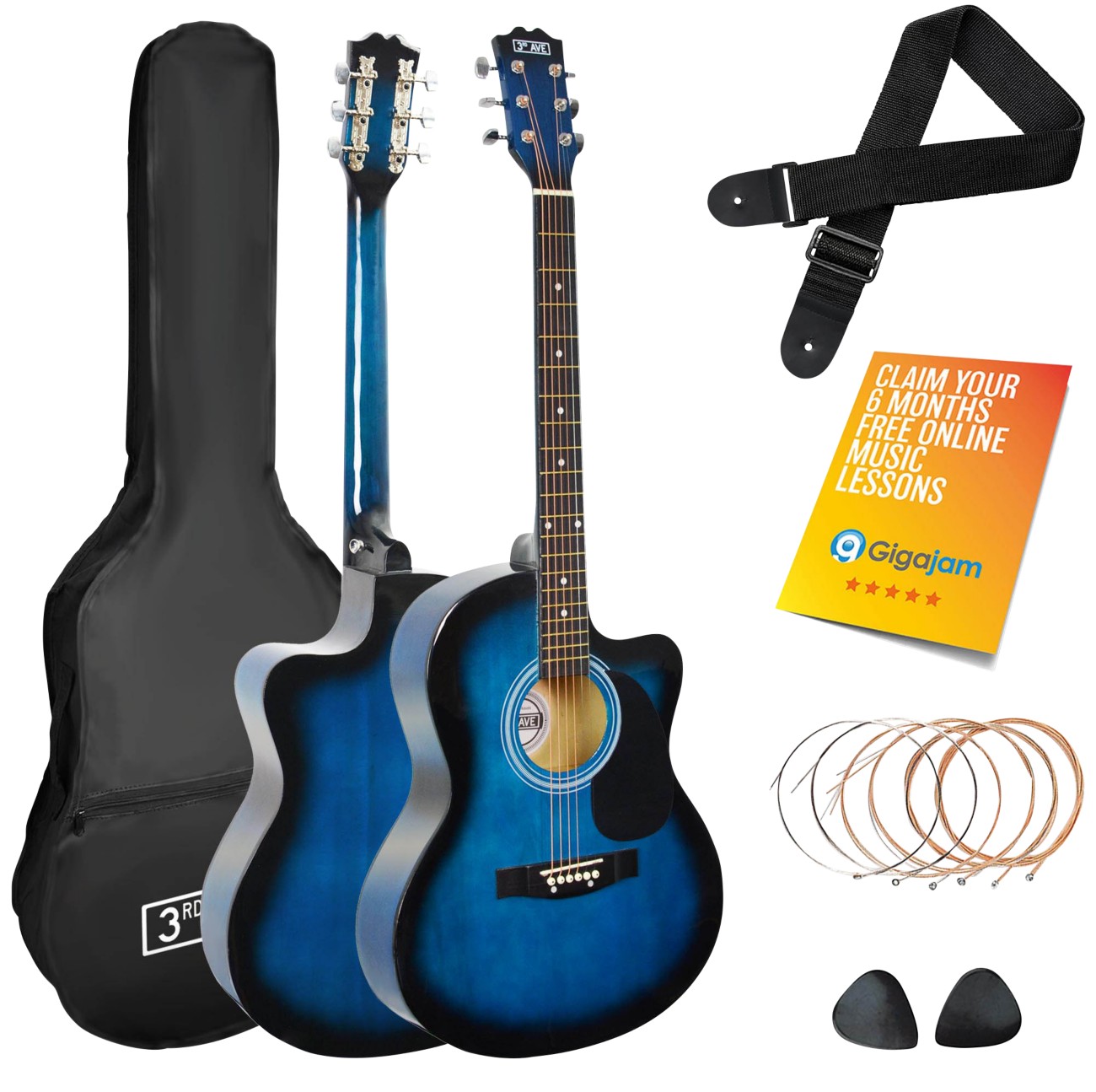 3Rd Avenue Acoustic Guitar Cutaway Blueburst Set