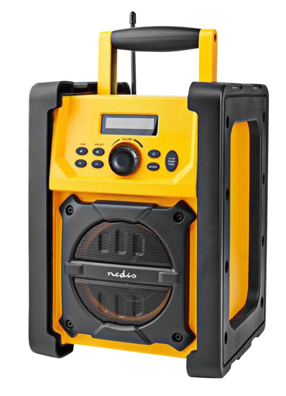 Nedis Job Site Fm Radio With Bluetooth, Ipx5 Water Resistant Portable Heavy Duty Speaker With Aux In, 20 Pre-Set & Carry Handle, Battery