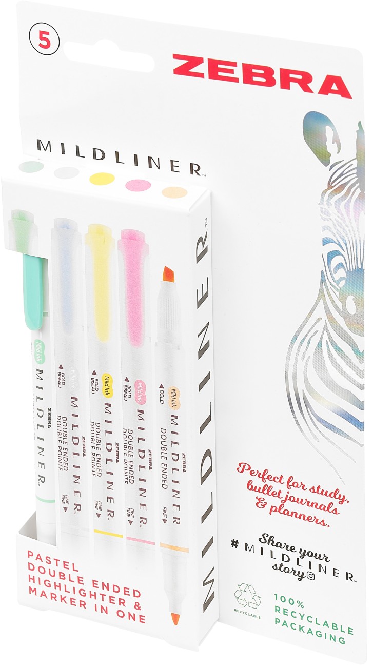 Zebra Mildliner 2597 Highlighter Assorted Broad Chisel 4 Mm Pack Of 5