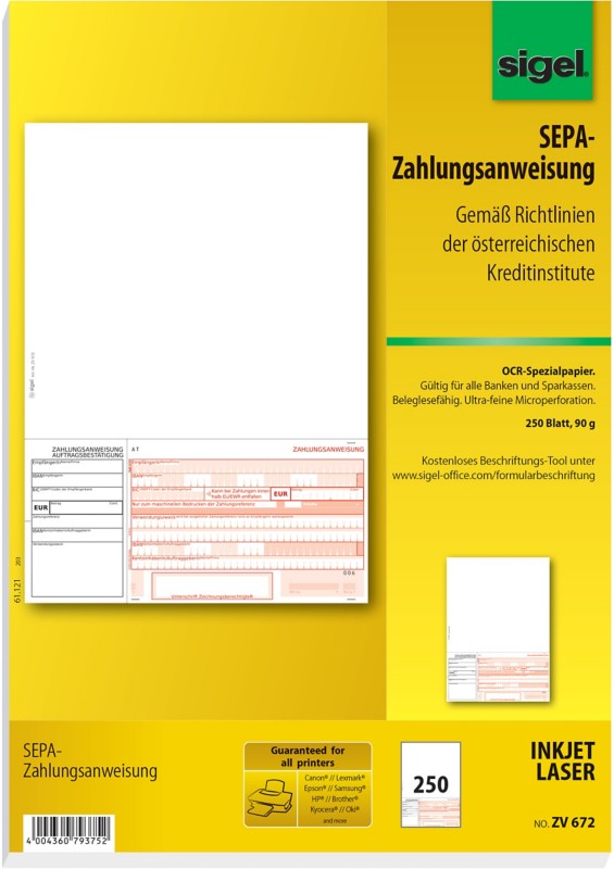 Sigel Zahlungsanweisung Papier ZV672 DIN A4 240 Blatt