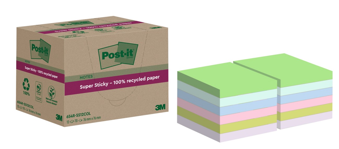 Post-It Super Sticky Recycled Notes 76 X 76 Mm Assorted 70 Sheets Pack Of 12 Pads