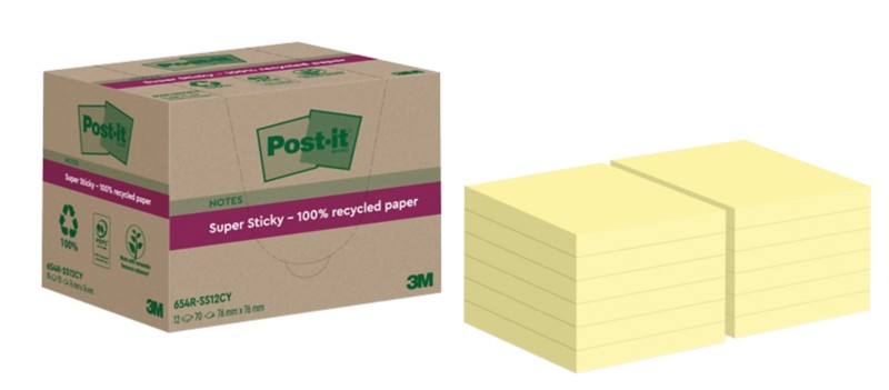 Post-It Super Sticky Recycled Notes 76 X 76 Mm Canary Yellow 70 Sheets Pack Of 12 Pads