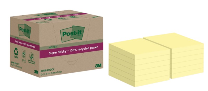 Post-it Super Sticky Recycelte Haftnotizen 76 x 76 mm Kanariengelb 70 Blatt 12 Blöcke