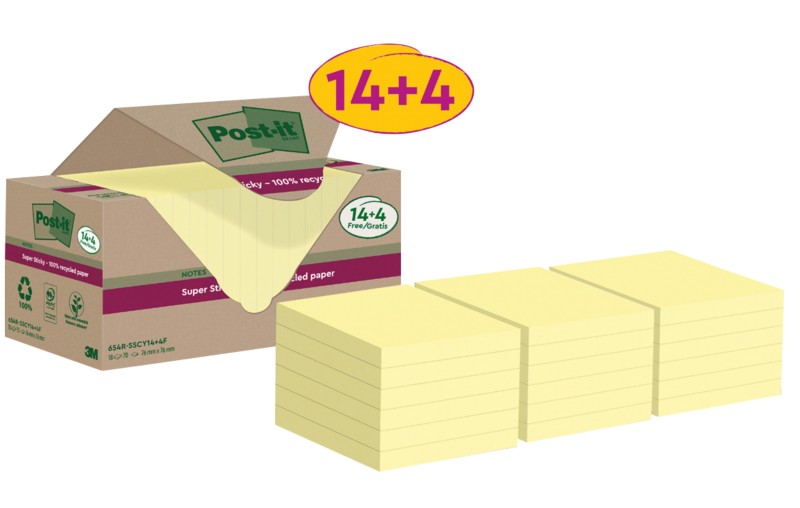 Post-it Super Sticky Recycelte Haftnotizen 76 x 76 mm Kanariengelb 70 Blatt Vorteilspackung 14 + 4 Gratis