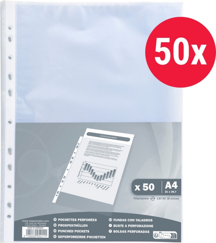 Exacompta Klarsichthülle DIN A4 Genarbt Transparent 40 Mikron PP (Polypropylen) Oben 5211E 50 Stück