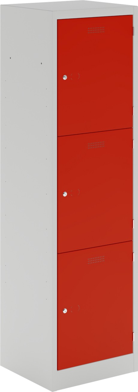 Image of Bisley Primary Lower Height Steel Locker 3 Doors 1 nest Key lock 500 x 450 x 1,330 mm Light Grey, Cardinal Red