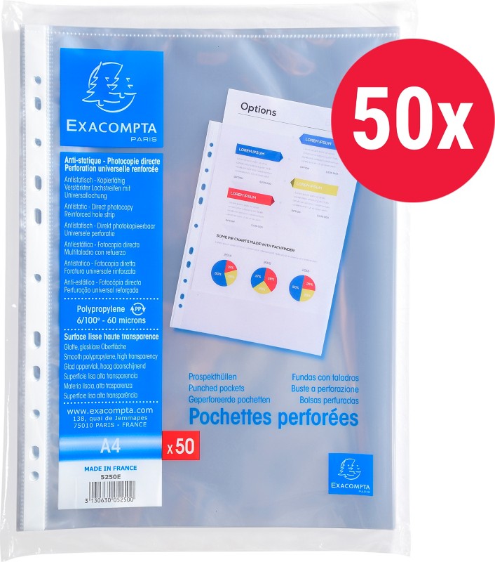 Exacompta Klarsichthüllen DIN A4 Glatt Transparent 60 Mikron PP (Polypropylen) Öffnung oben 5250E 50 Stück