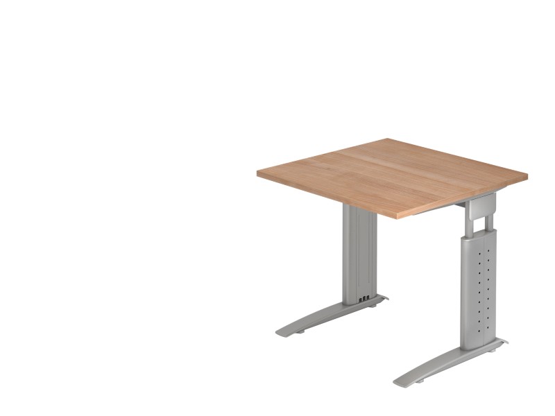 Hammerbacher Höhenverstellbarer Schreibtisch Nussbaum Holz, Metall Silber C-Fuß 800 x 800 x 680 mm Mit Aufbau