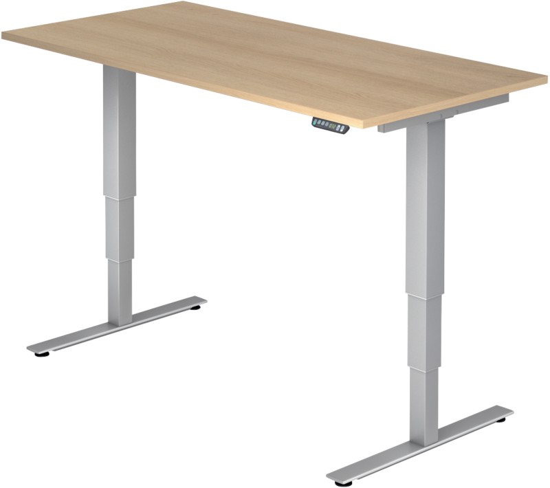 Hammerbacher Höhenverstellbarer Sitz-Stehschreibtisch Eiche Melamin Silberner T-Fuß 1.600 x 800 x 800 mm Mit Aufbau