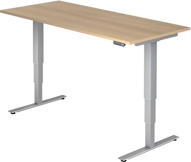 Hammerbacher Höhenverstellbarer Sitz-Stehschreibtisch Eiche Melamin Silberner T-Fuß 1.800 x 800 x 800 mm Mit Aufbau