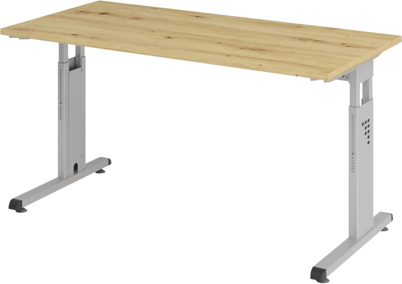 Hammerbacher Höhenverstellbar Gerader Schreibtisch Eiche Melamin Silber C-Fuß 1.400 x 672 x 685 mm Mit Aufbau