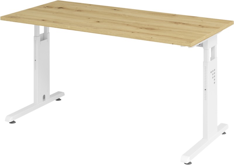 Hammerbacher Höhenverstellbar Gerader Schreibtisch Eiche Melamin Weiß C-Fuß 1.400 x 672 x 685 mm Mit Aufbau