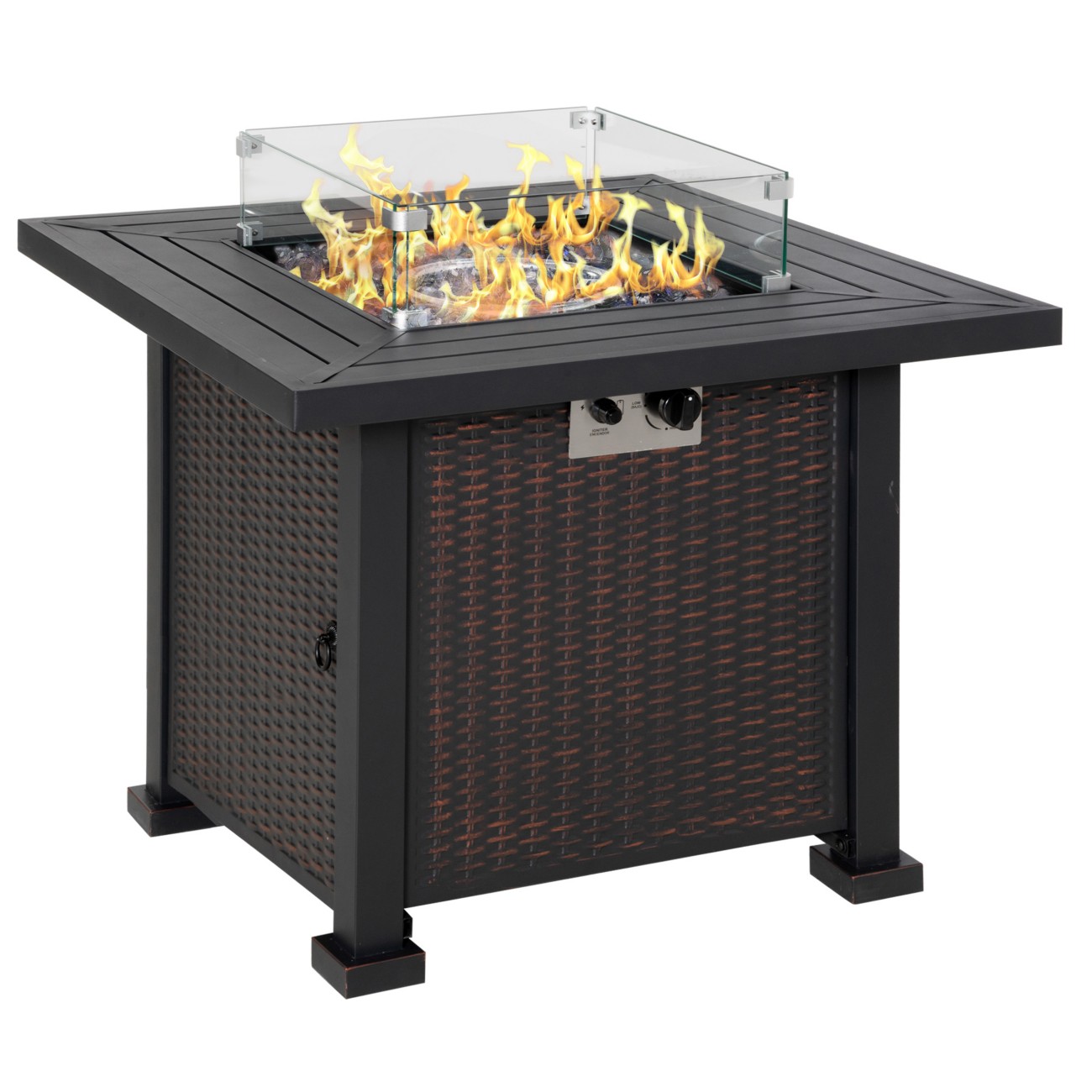 Outsunny Propane Gas Fire Pit Table - Black - 50,000 BTU - Rattan Design - Metal - Outdoor Patio Dining Table with Glass Beads & Wind Screen - Image 6