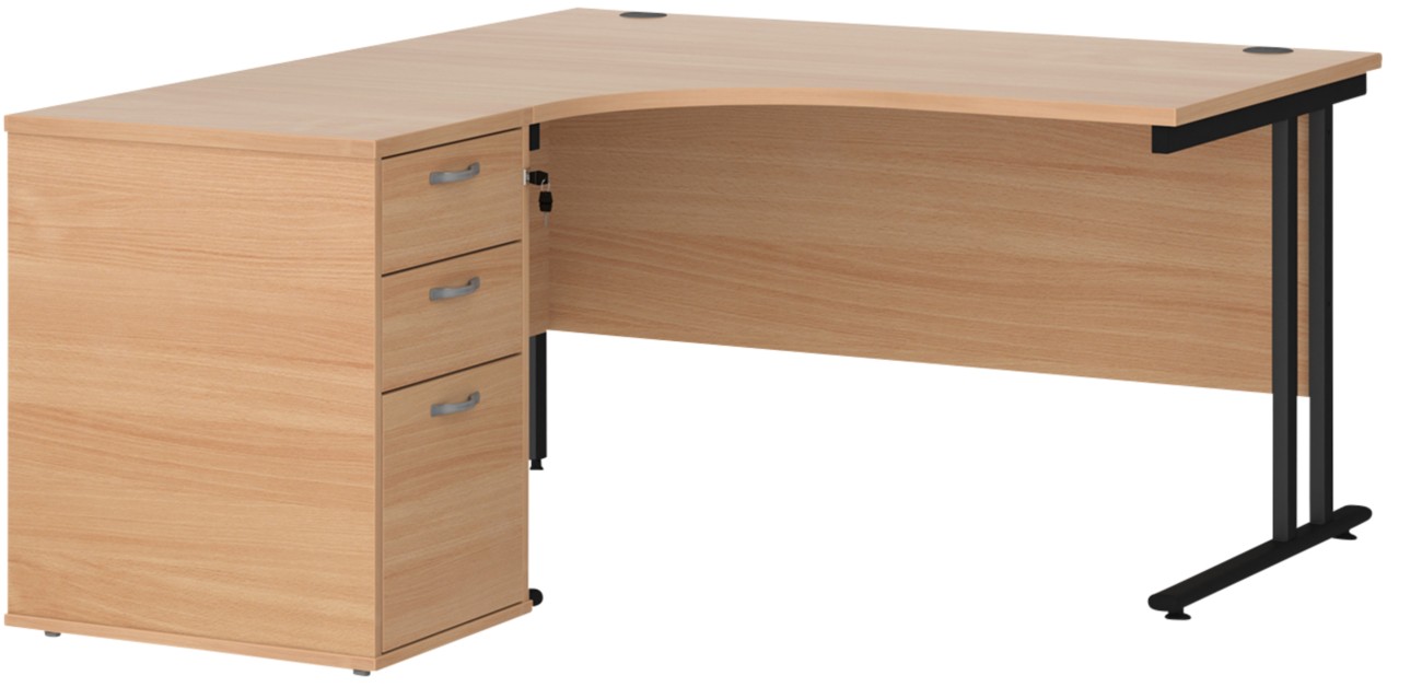 Dams International Maestro 25 Left Hand Corner Desk Beech Cantilever 3 Drawers 1 Pedestal 1,400 (W) X 1,626 (D) X 725 (H) Mm Wood