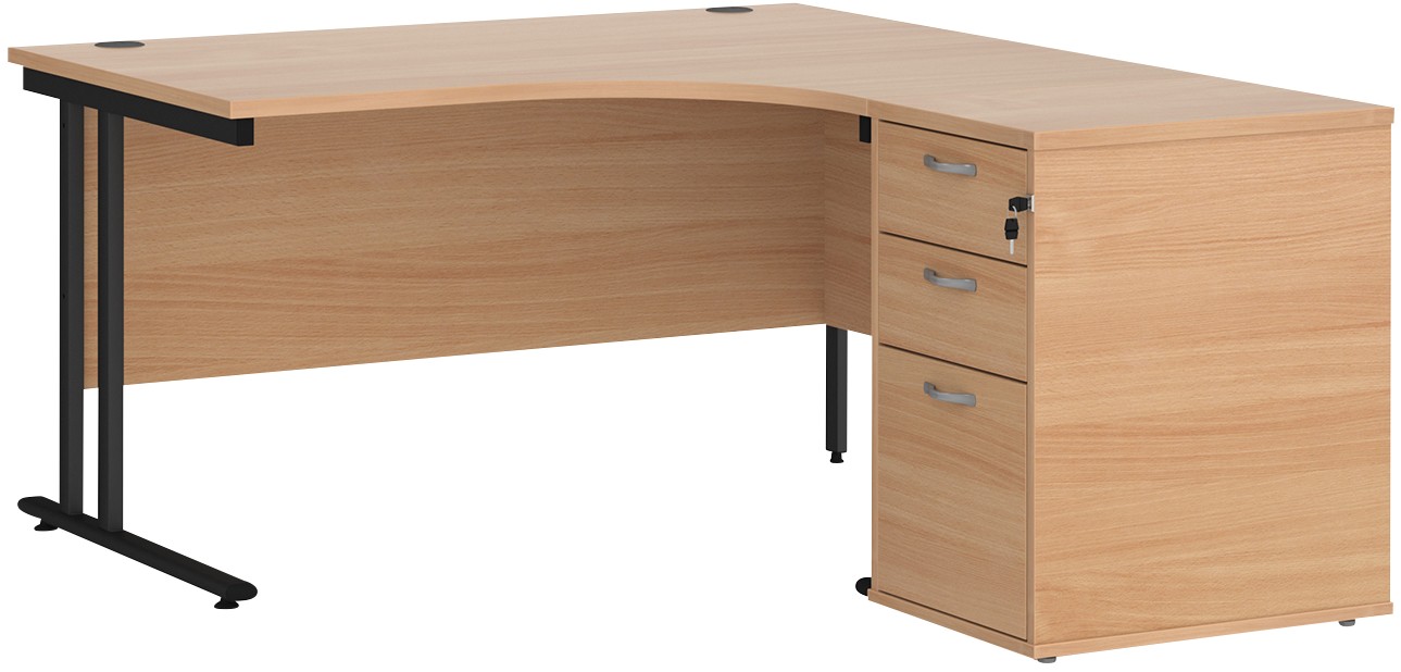 Dams International Maestro 25 Right Hand Corner Desk Beech Cantilever 3 Drawers 1 Pedestal 1,400 (W) X 1,626 (D) X 725 (H) Mm Wood