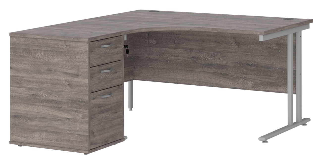Dams International Maestro 25 Left Hand Corner Desk Grey Oak Cantilever 3 Drawers 1 Pedestal 1,400 (W) X 1,626 (D) X 725 (H) Mm Wood