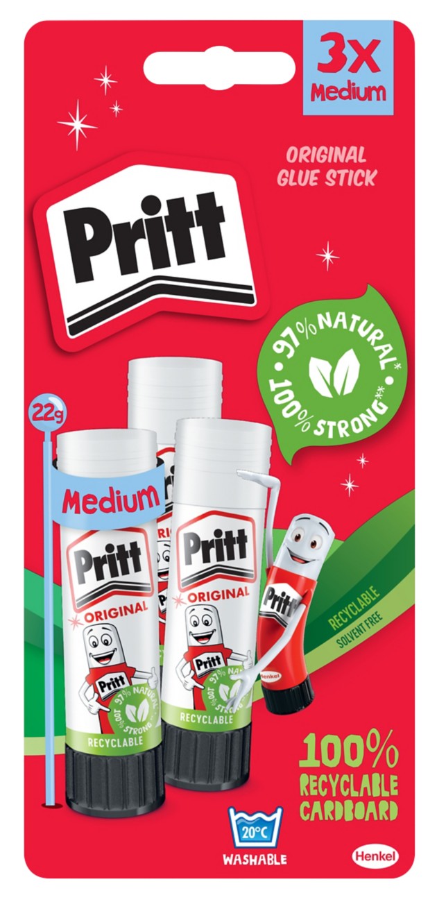 Pritt Stationery Glue Stick Non-Permanent White Clear Pack Of 3 Of 22 G