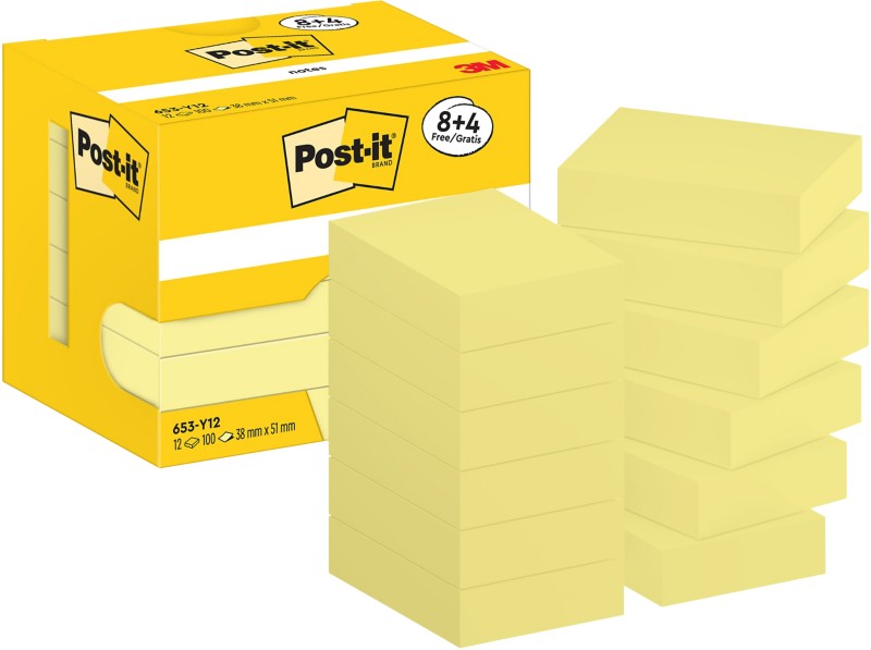 Post-it Sticky Notes Haftnotizen 653-Y12 38 x 51 mm 100 Blatt pro Block Gelb 12 Stück (8 + 4 Gratis)