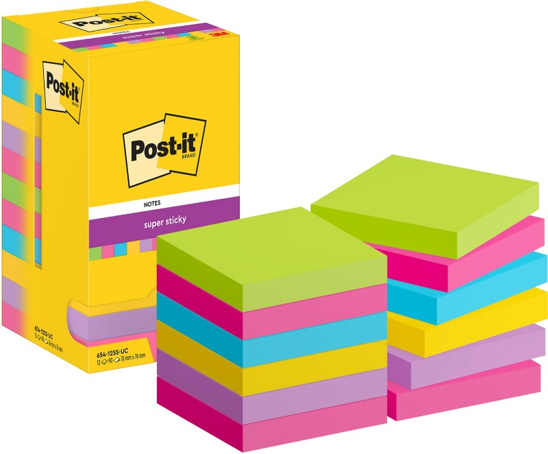 Post-it Super Sticky Haftnotizen 654-12SS-UC 76 x 76 mm 90 Blatt pro Block Blau, Gelb, Grün, Rosa, Violett Quadratisch U...