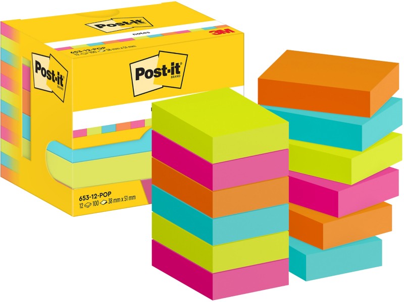 Post-it Sticky Notes Haftnotizen 653-12-POP 38 x 51 mm 100 Blatt pro Block Blau, Grün, Orange, Rosa 12 Stück