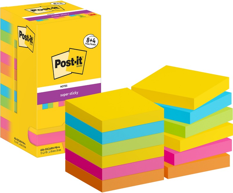 Post-it Carnival Collection Super Sticky Haftnotizen Quadratisch 76 x 76 mm Blanko Farbig sortiert 654-SSCARN-P8+4 90 Bl...