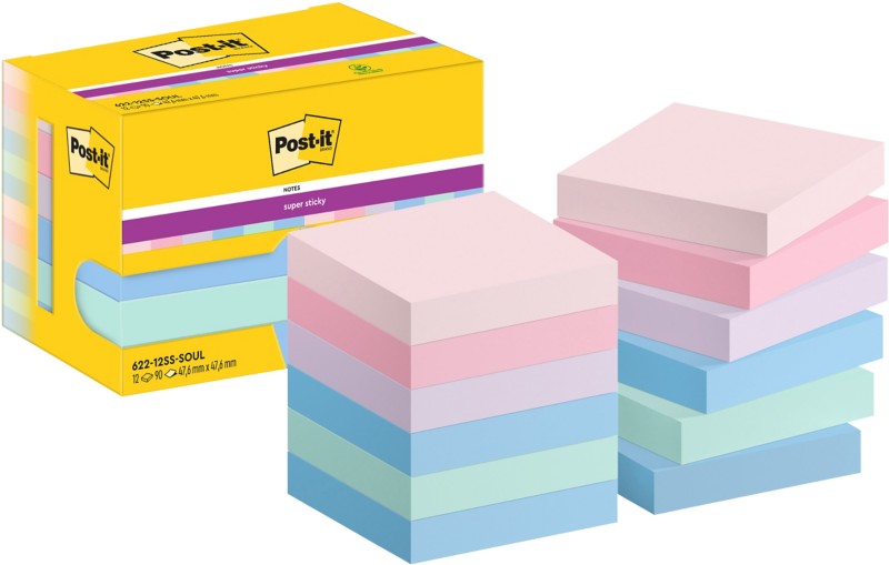 Post-it Super Sticky Haftnotizen 622-12SS-SOUL 47,6 x 47,6 mm 90 Blatt pro Block Blau, Grün, Rosa, Violett Quadratisch U...