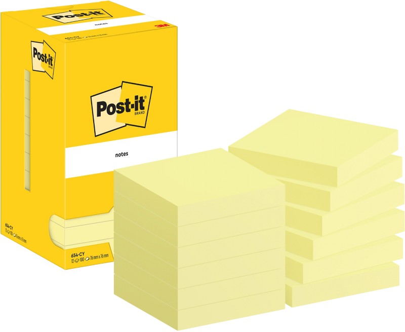 Post-it Sticky Notes Haftnotizen 654-CY 76 x 76 mm 100 Blatt pro Block Gelb 12 Stück