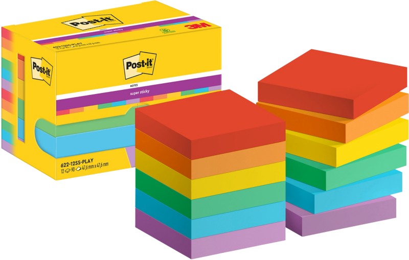 Post-it Super Sticky Haftnotizen 622-12SS-PLAY 47,6 x 47,6 mm 90 Blatt pro Block Blau, Gelb, Grün, Orange, Rot, Violett ...