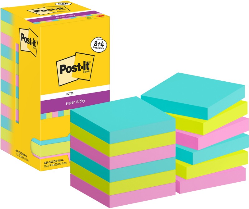 Post-it Super Sticky Notes Haftnotizen 76 x 76 mm Cosmic Collection Farbig Sortiert 90 Blatt Vorteilspack 8 + 4 Gratis