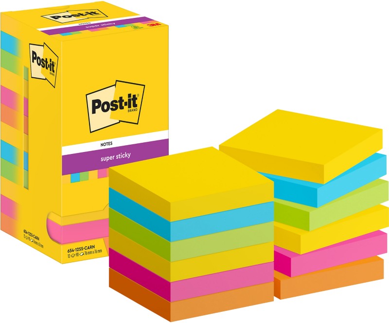 Post-it Super Sticky Haftnotizen 654-12SS-CARN 76 x 76 mm 90 Blatt pro Block Blau, Gelb, Grün, Orange, Rosa Quadratisch ...