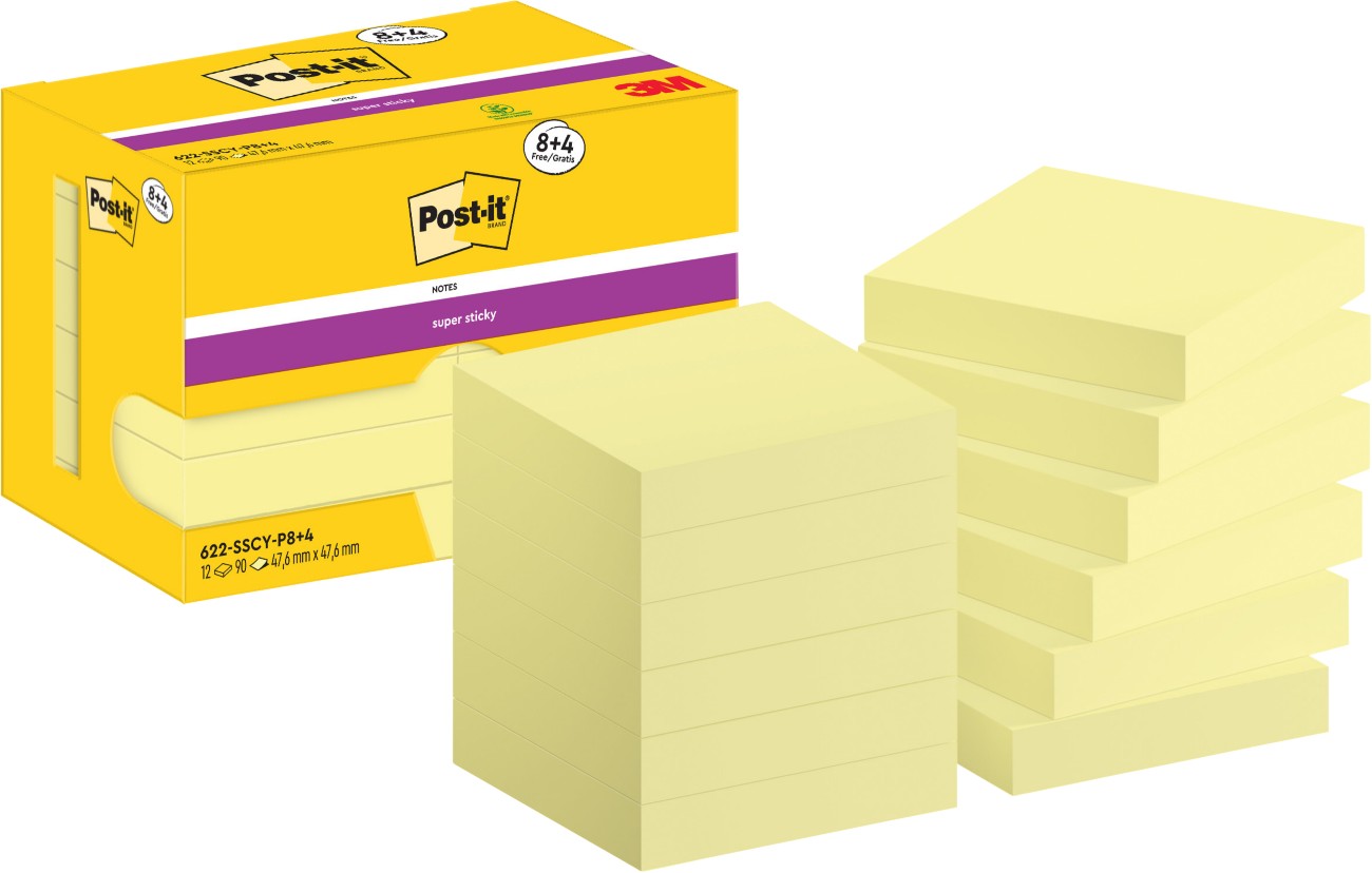 Post-it Super Sticky Notes Haftnotizen 47,6 x 47,6 mm Gelb 622-SSCY-P8+4 90 Blatt Vorteilspack 8 + 4 Gratis