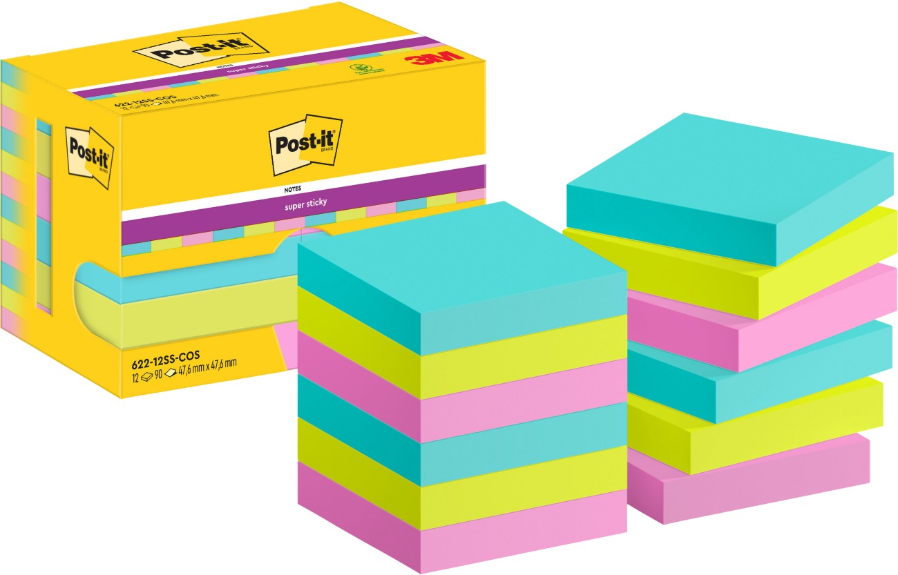 Thumbnail - Post-it Super Sticky Haftnotizen 622-12SS-COS 47,6 x 47,6 mm 90 Blatt pro Block Grün, Rosa, Türkis Quadratisch Unliniert...