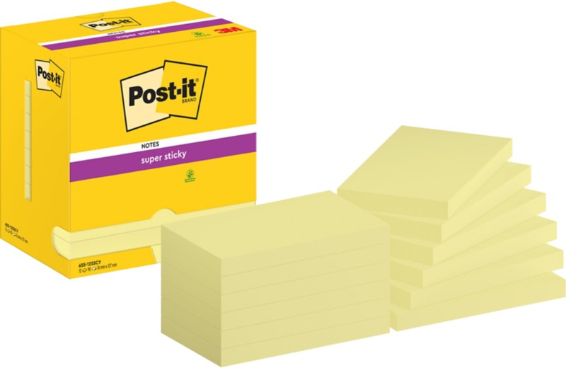 Post-it Super Sticky Haftnotizen 655-12SSCY 76 x 127 mm 90 Blatt pro Block Gelb Rechteckig Unliniert 12 Stück