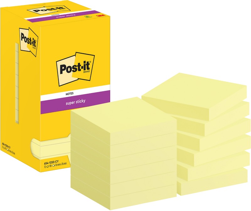 Post-it Super Sticky Haftnotizen 654-12SS-CY 76 x 76 mm 90 Blatt pro Block Gelb Quadratisch Unliniert 12 Stück