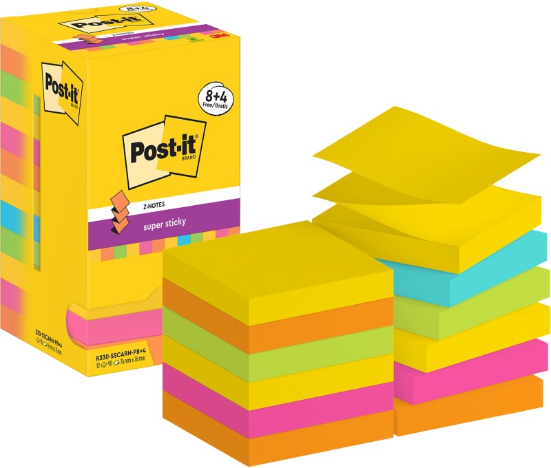 Post-it Super Sticky Z-Notes Haftnotizen R330-SSCARN-P8+4 76 x 76 mm 90 Blatt pro Block Blau, Gelb, Grün, Orange, Rosa 1...