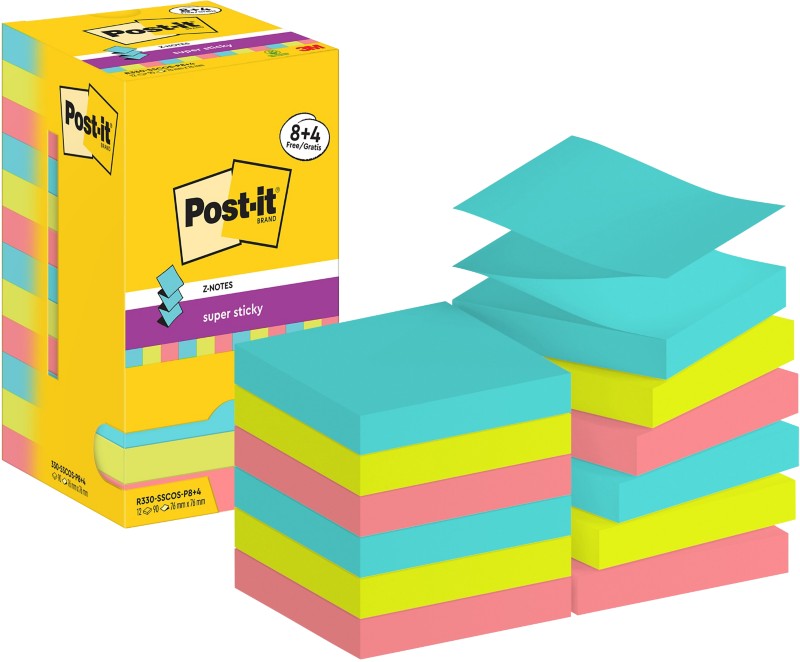 Post-it Cosmic Colours Super Sticky Z-Notes Quadratisch 76 x 76 mm Blanko Farbig Sortiert R330-SSCOS-P8+4 90 Blatt Vorte...