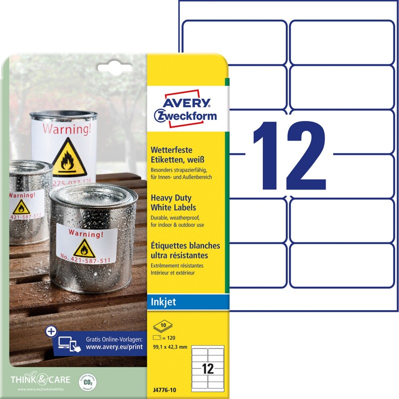 AVERY Zweckform Wetterfeste Etiketten J4776-10 Selbsthaftend DIN A4 Weiß 99,1 x 42,3 mm 10 Blatt à 12 Etiketten