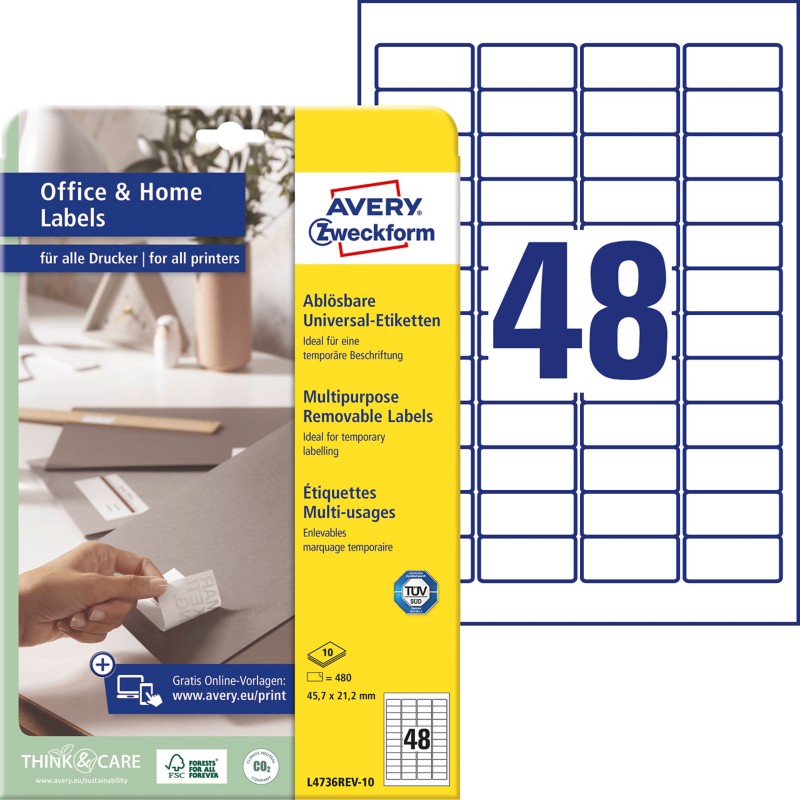 AVERY Zweckform Ablösbare Universaletiketten L4736REV-10 Selbsthaftend DIN A4 Weiß 4,57 x 32,7 x 2,12 cm 10 Blatt à 48 E...