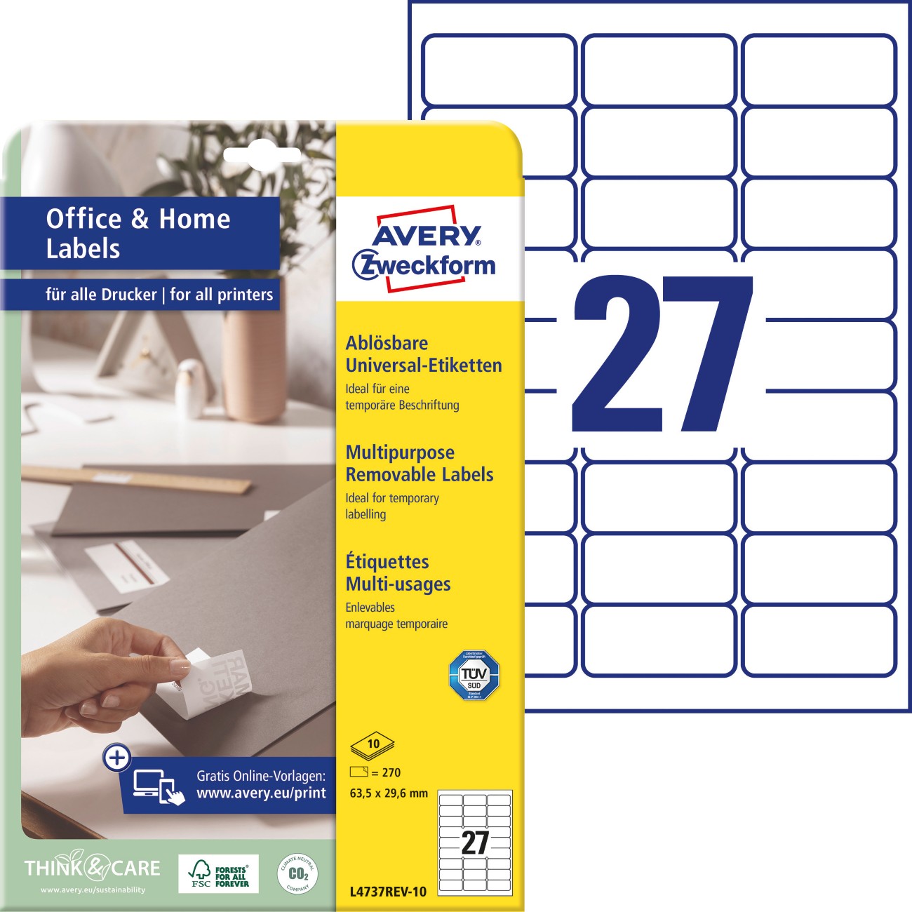 Thumbnail - AVERY Zweckform Ablösbare Universaletiketten L4737REV-10 Selbsthaftend DIN A4 Weiß 6,35 x 32,7 x 2,96 cm 10 Blatt à 27 E...
