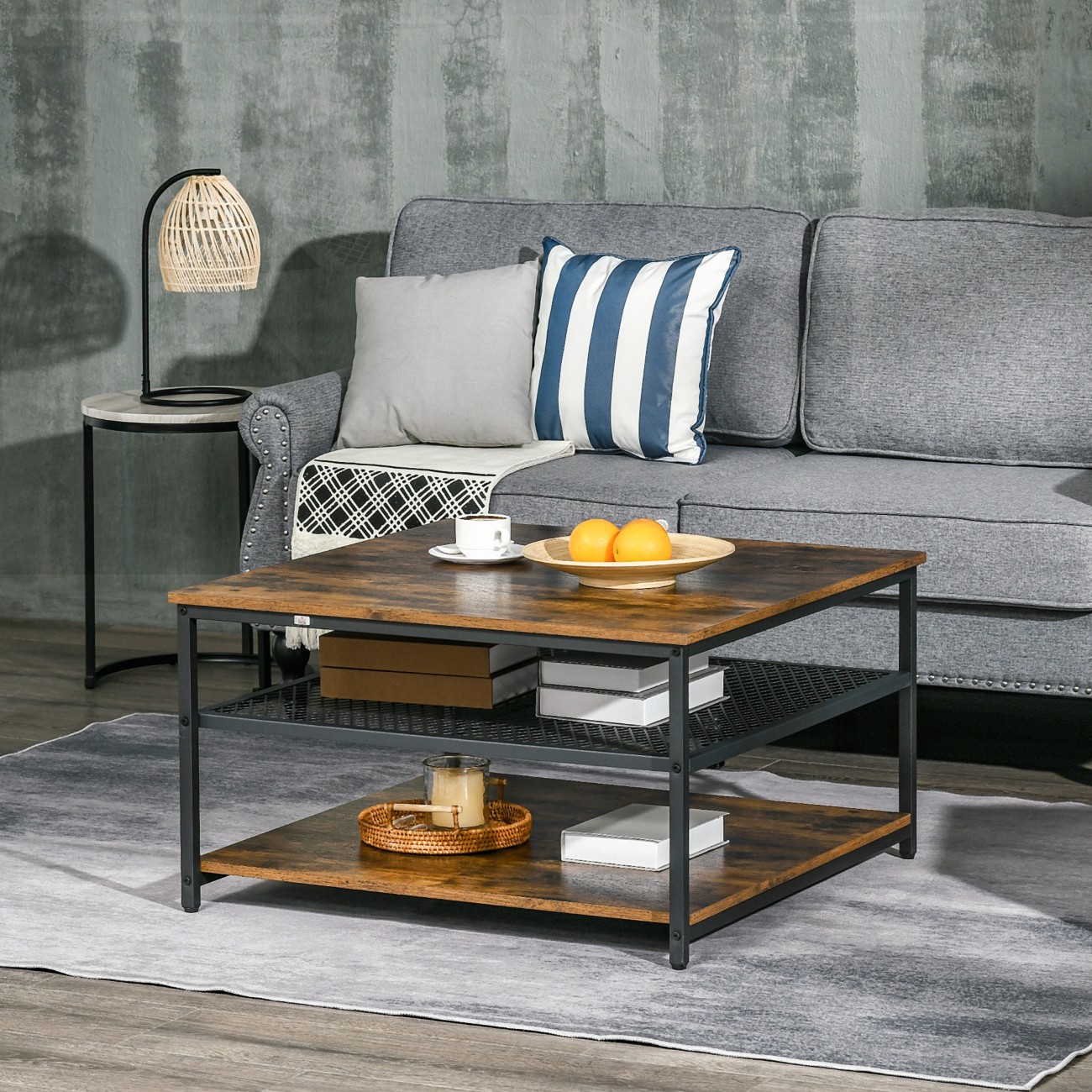 Rackhams Brown Coffee Table, Living Room Table With 3-Tier Storage Shelves, Square Tea Table For Home Office, Rustic - Rustic - Image 6