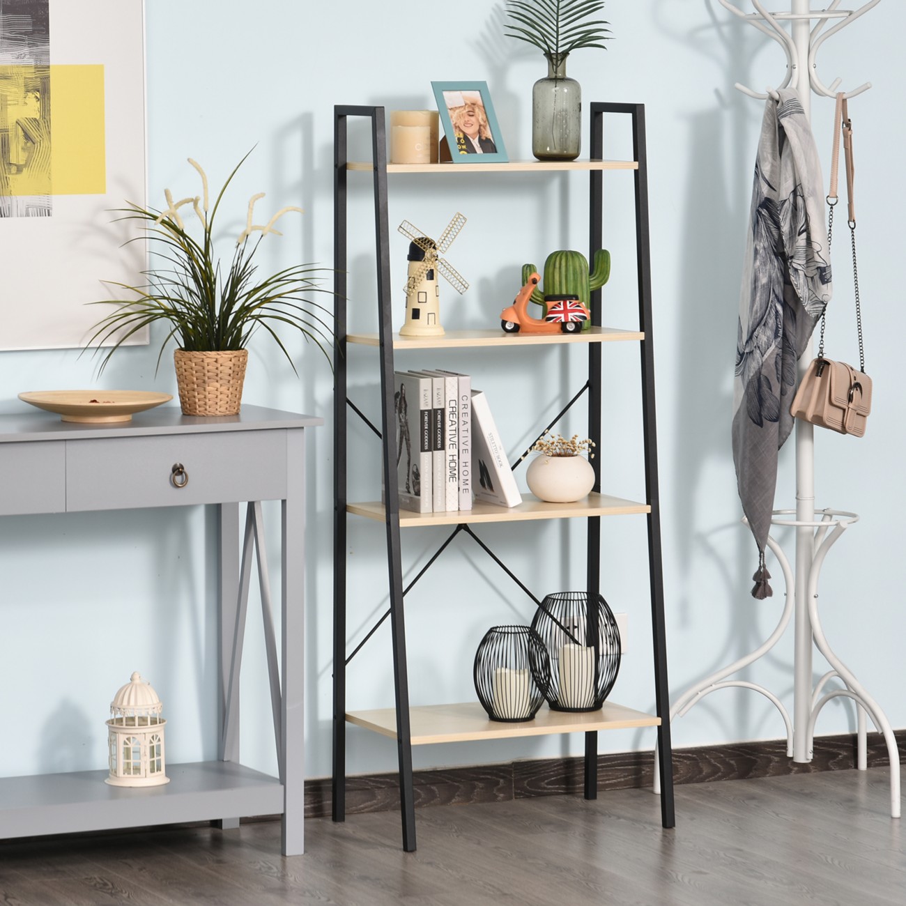 Rackhams Black/Beige Ladder Shelf, Bookshelf, 4-Tier Industrial Storage Rack For Living Room, Bedroom, Kitchen, Oak And - Image 6