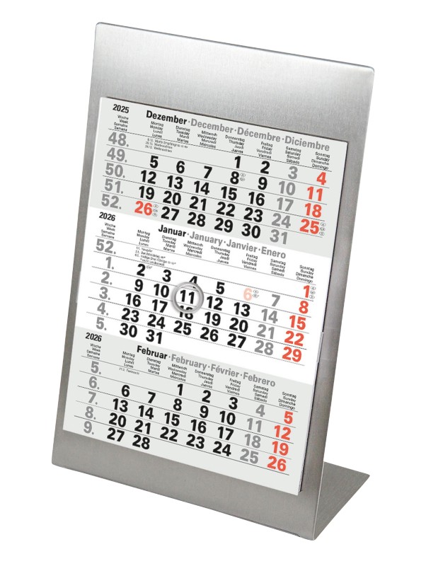 Kalender 2026 3 Monate/1 Seite Metall, Papier Weiß Deutsch Nicht Nachfüllbar