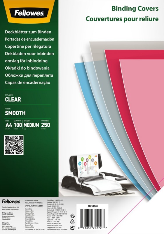 Thumbnail - Fellowes Einbanddeckel PET (Polyethylenterephthalat) 250 Mikron Transparent 100 Stück