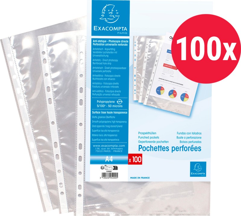 Thumbnail - Exacompta Klarsichthüllen DIN A4 Glasklar Transparent 0,06 mm PP (Polypropylen) Oben 5200E 100 Stück